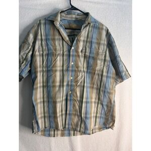 Hobie Mens Short Sleeve Button Down Plaid Shirt Blue Tan Cotton Blend Size M
